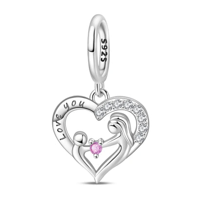 Charm Corazón Mamá e Hija en Plata 925 – Colgante Clásico para Pulseras Tipo Pandora, Regalo Día de la Madre
