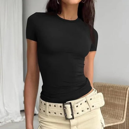 Camiseta Corta de Mujer Verano | Crop Top Básico Slim Fit con Cuello Redondo Casual Y2K