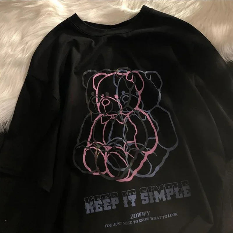 Camiseta Oversize Mujer Harajuku Gótica | Estampado Oso Gráfico Streetwear