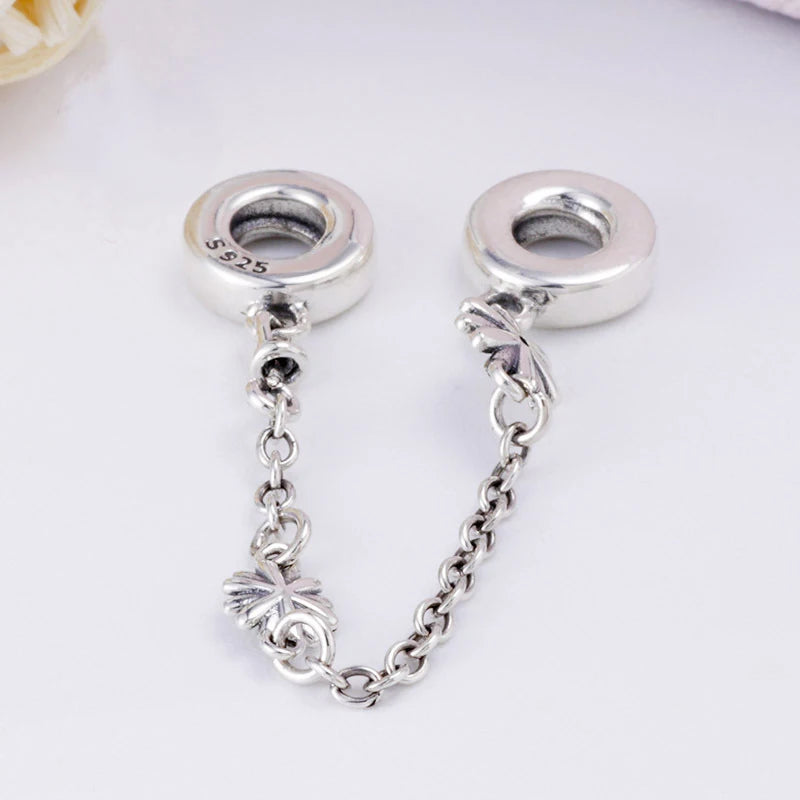 Cadena de seguridad plata 925 con charms mariposa, margarita, gato, oso y castillo – Compatible con pulsera Pandora mujer