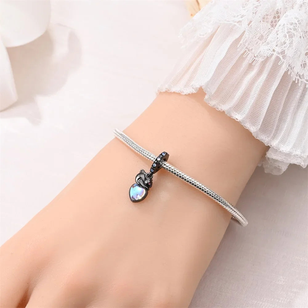 Charm gato negro de plata 925 con huella – Colgante animal para pulsera tipo Pandora, joyería DIY elegante para mujer