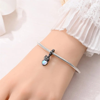 Charm gato negro de plata 925 con huella – Colgante animal para pulsera tipo Pandora, joyería DIY elegante para mujer