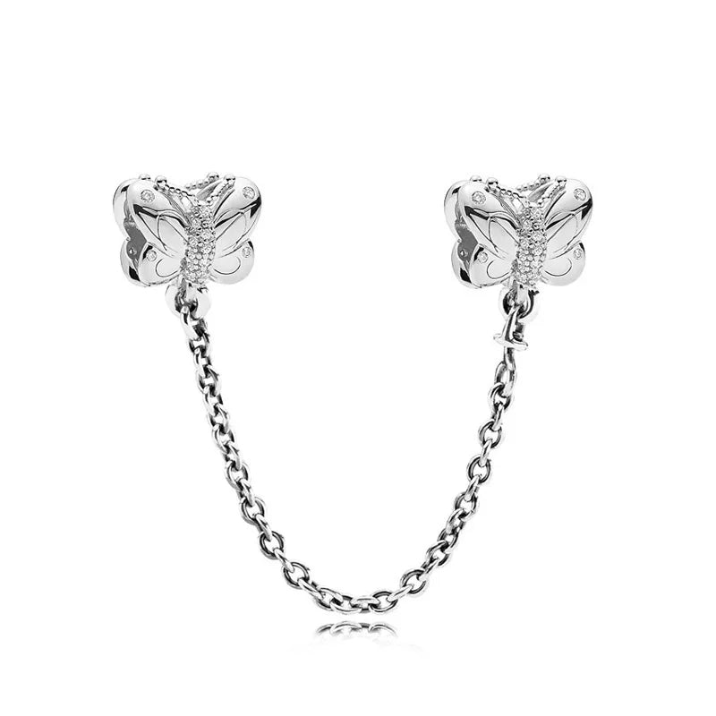 Cadena de seguridad plata 925 con charms mariposa, margarita, gato, oso y castillo – Compatible con pulsera Pandora mujer