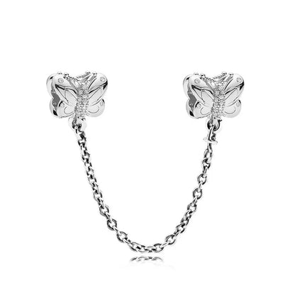Cadena de seguridad plata 925 con charms mariposa, margarita, gato, oso y castillo – Compatible con pulsera Pandora mujer
