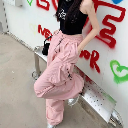 Pantalón Parachute Negro Mujer Y2K | Cargo Oversize Bolsillos Streetwear Harajuku