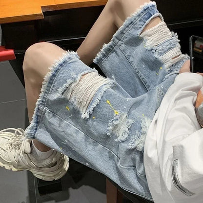 Bermudas Vaqueras Holgadas Hombre Talla Grande | Shorts Oversize Baggy con Bolsillos y Roturas Estilo Emo Casual