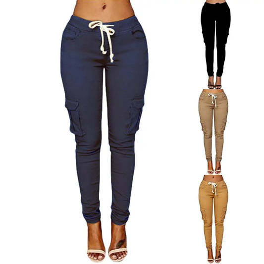 Pantalones Rectos Mujer | Cargo con Cordón Cintura Alta Multi-Bolsillos Casual S-4XL