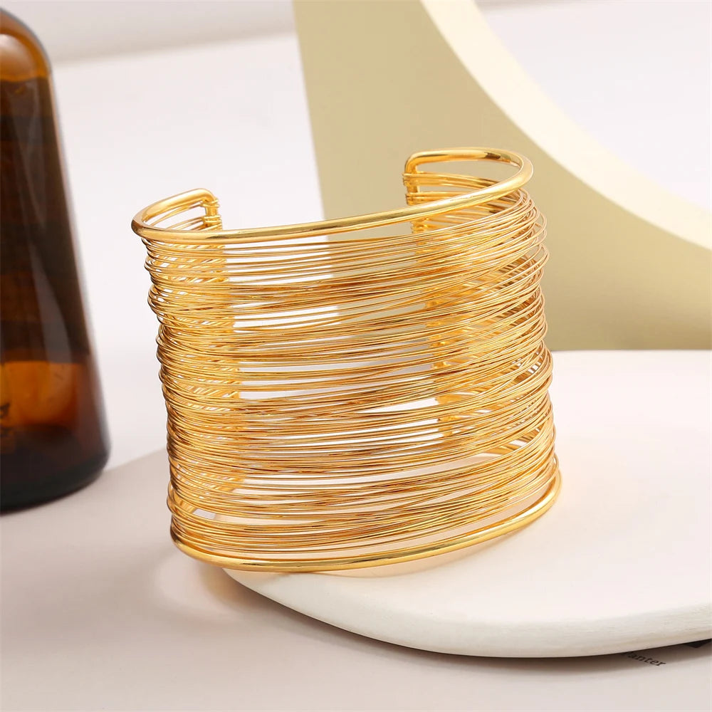 Brazalete Vintage Dorado Ancho | Pulsera Cuff de Alambre en Capas para Mujer Estilo Punk