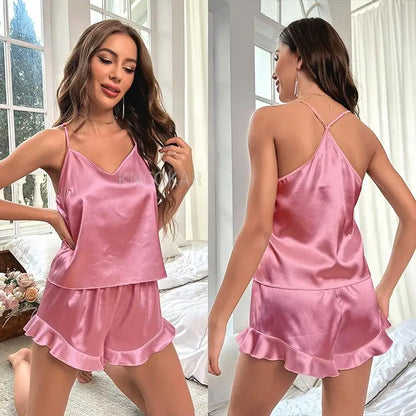 Pijama Sexy Mujer Satén y Encaje | Set 2 Piezas Top Sin Mangas + Shorts