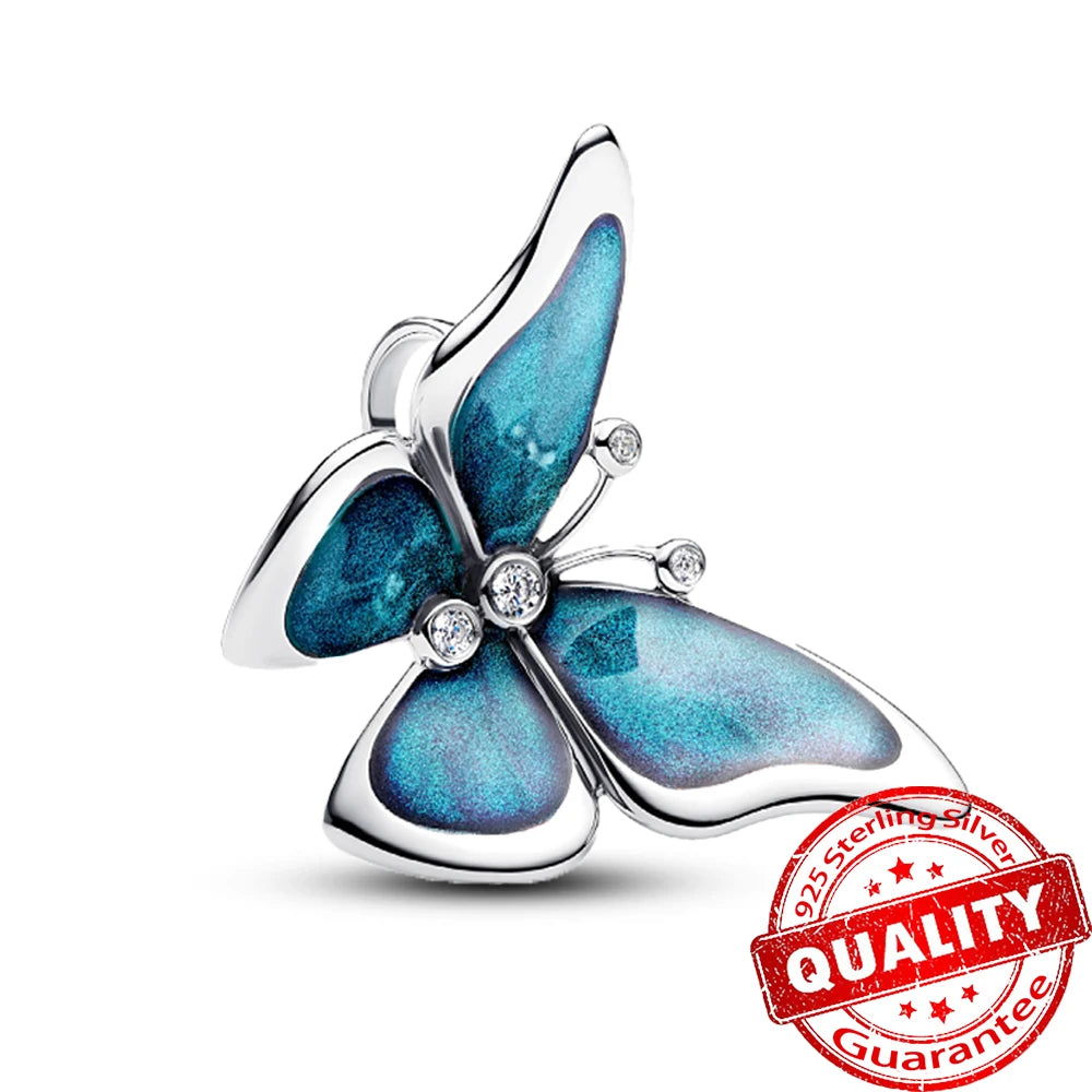 Charm de Plata 925 Trébol Azul Degradado y Flor Iris Rosa – Abalorio Elegante para Pulseras Originales