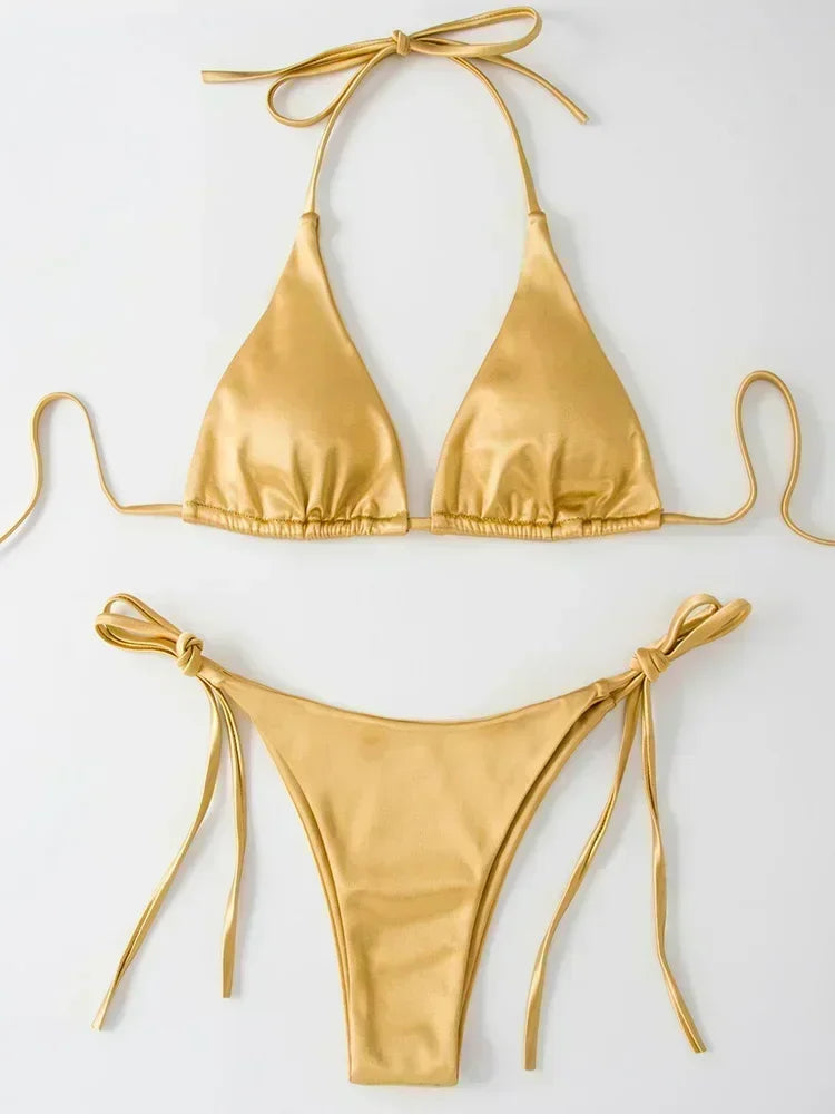 Bikini Brasileño Halter Mujer | Satinado Metálico Push Up 2 Piezas