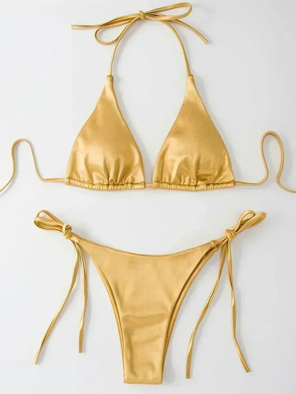 Bikini Brasileño Halter Mujer | Satinado Metálico Push Up 2 Piezas
