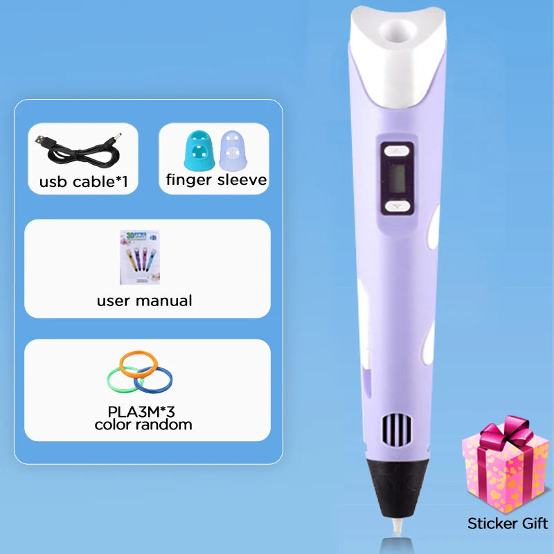 Kids 3D Printing Pen con Pantalla LCD y Stickers – Compatible con Filamento PLA, Seguro y Creativo, Regalo de Cumpleaños para Niños y Niñas