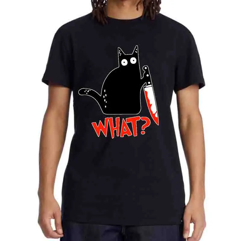 Camiseta Oversize “Funny Knife Cat” – T-shirt Cartoon, Manga Corta, Algodón Transpirable, Casual Verano para Hombre