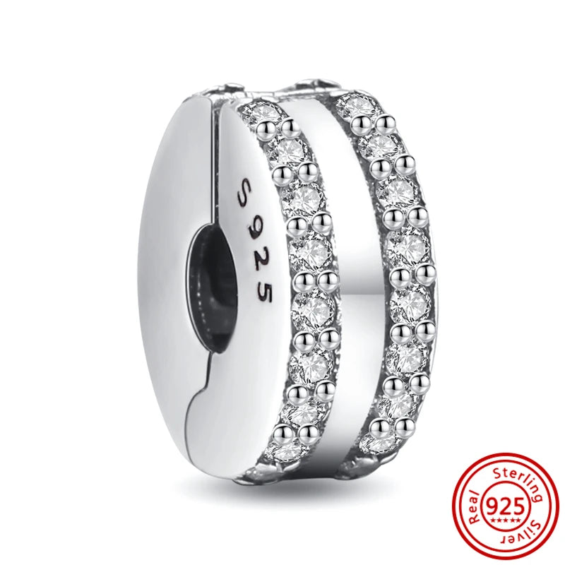 Charm Clip Plata 925 con Corazones, Corona y Concha | CZ Pavé Brillante | Compatible Pandora Original