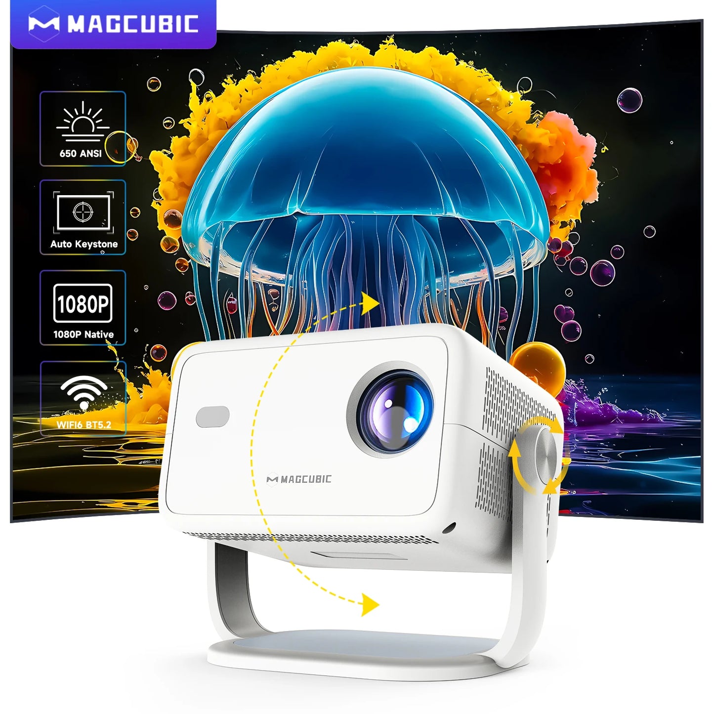 Proyector Magcubic 360° L018 – Android 11, 650 ANSI, Full HD 1080P nativo con soporte 4K, WiFi6, BT 5.2 y autoenfoque portátil