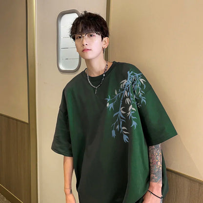 Camiseta Oversize de Algodón para Hombre | Estampado Bambú, Casual de Verano hasta 5XL