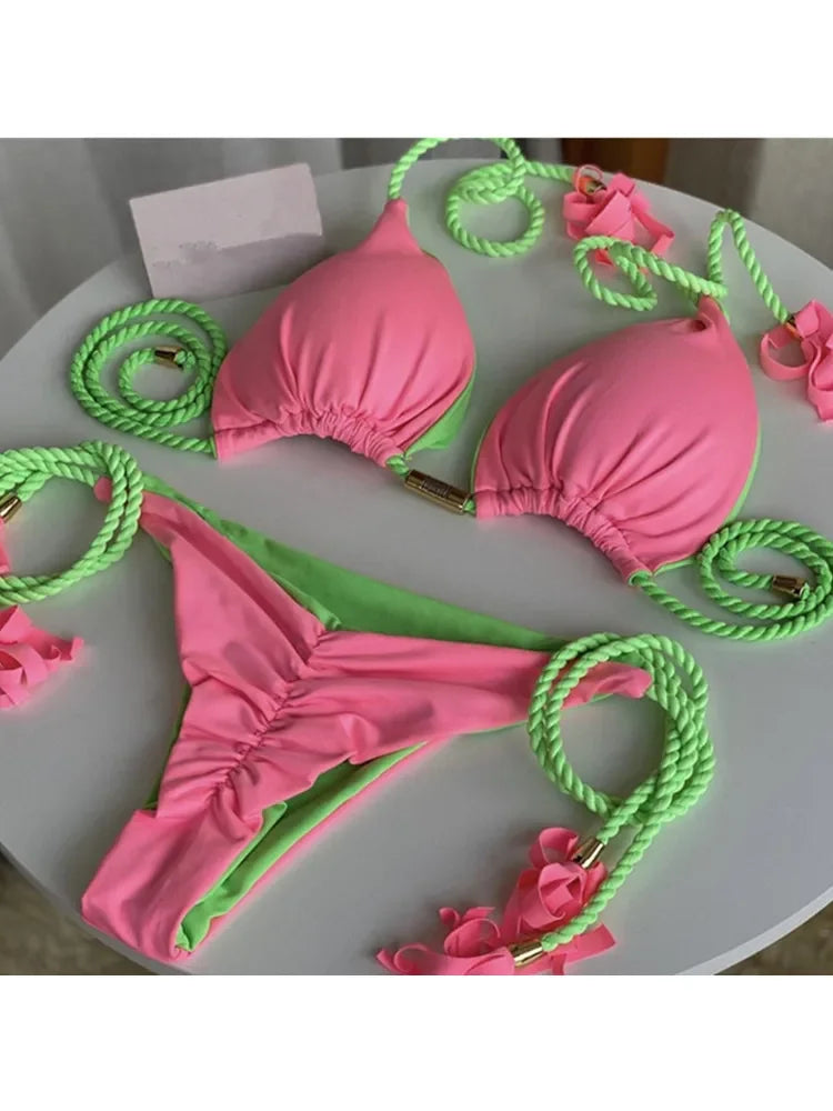 Bikini Mujer 2025 | Triángulo Multicolor Sin Espalda con Cordón