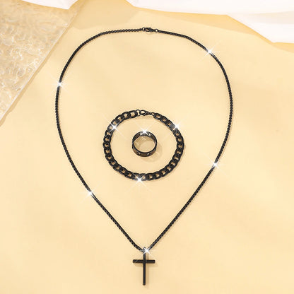 Set de Joyería para Hombre 3 Piezas – Collar con Cruz, Pulsera y Anillo en Acero Inoxidable Estilo Hip Hop