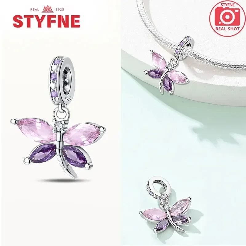 Charm Plata S925 Mariposa Libélula Flores con Gemas | Compatible Pulsera Pandora