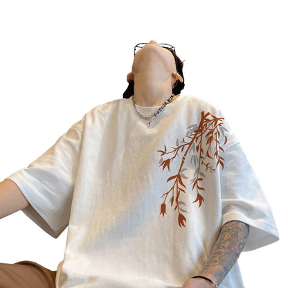 Camiseta Oversize de Algodón para Hombre | Estampado Bambú, Casual de Verano hasta 5XL