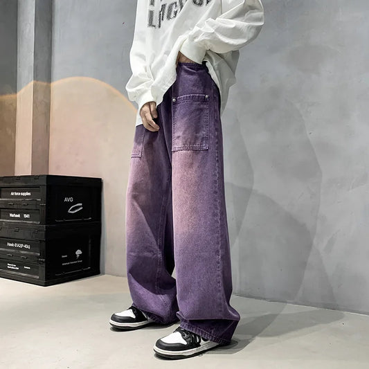 Jeans Anchos Morados Hombre | Pantalones Oversize Hip Hop Streetwear Y2K Denim Vintage Casual