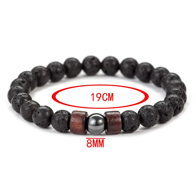 Pulsera de Piedra Volcánica de 8mm para Hombre – Lava y Madera con Buda Tibetano, Hecha a Mano, Elástica
