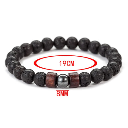 Pulsera de Piedra Volcánica de 8mm para Hombre – Lava y Madera con Buda Tibetano, Hecha a Mano, Elástica