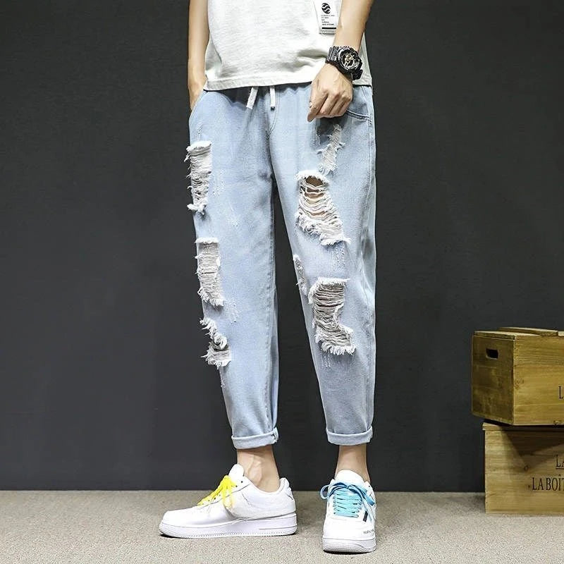 Jeans Oversize Hombre Cropped Verano | Vaqueros Rotos Tallas Grandes Moda Coreana