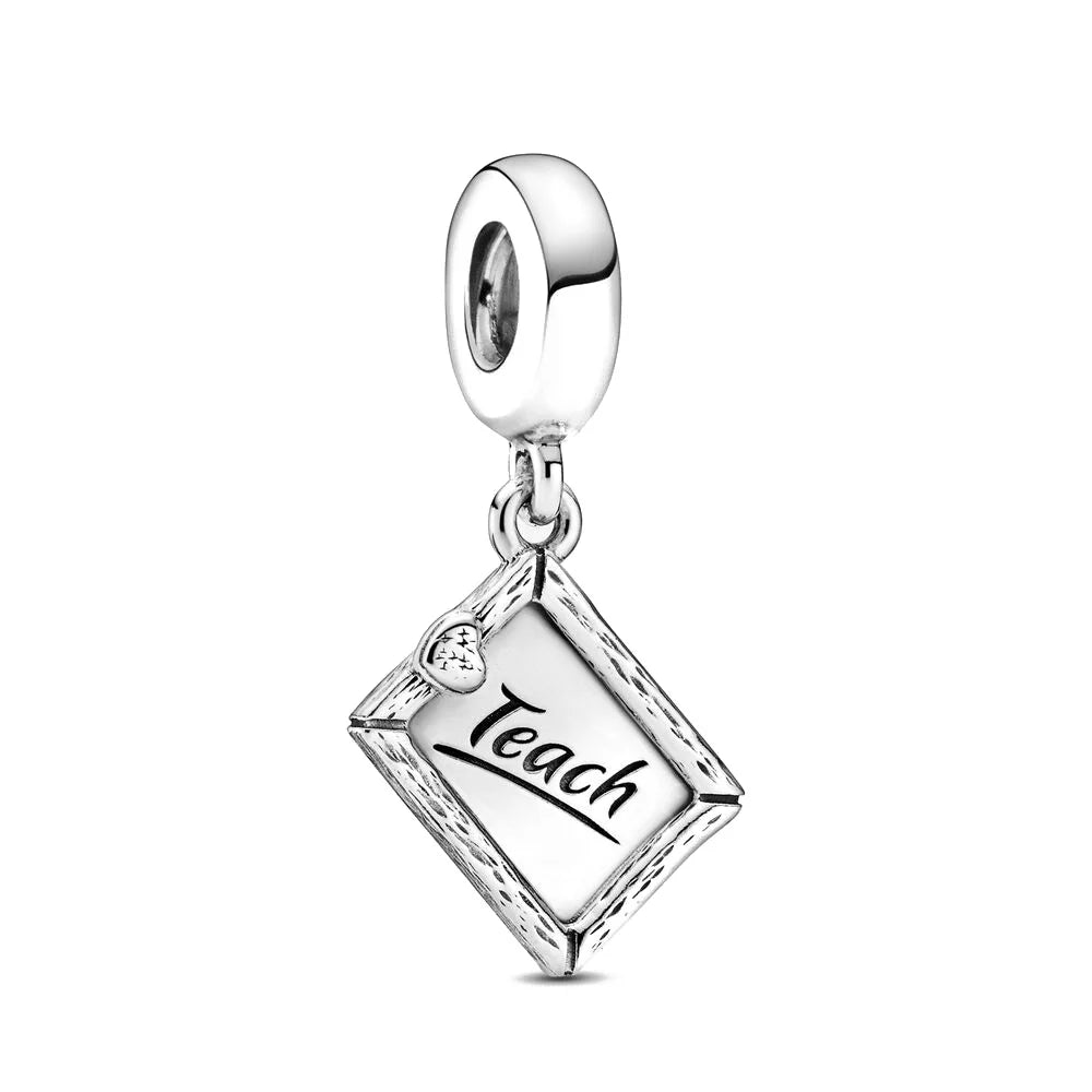 Charm colgante maestra plata 2023 – Abalorio en forma de cuaderno, lápiz y birrete para pulsera tipo Pandora mujer