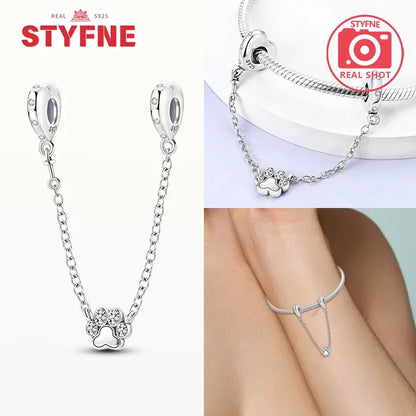 Charm Gato con Corazón de Plata 925 | Cadena de Seguridad para Pulseras Pandora Mujer