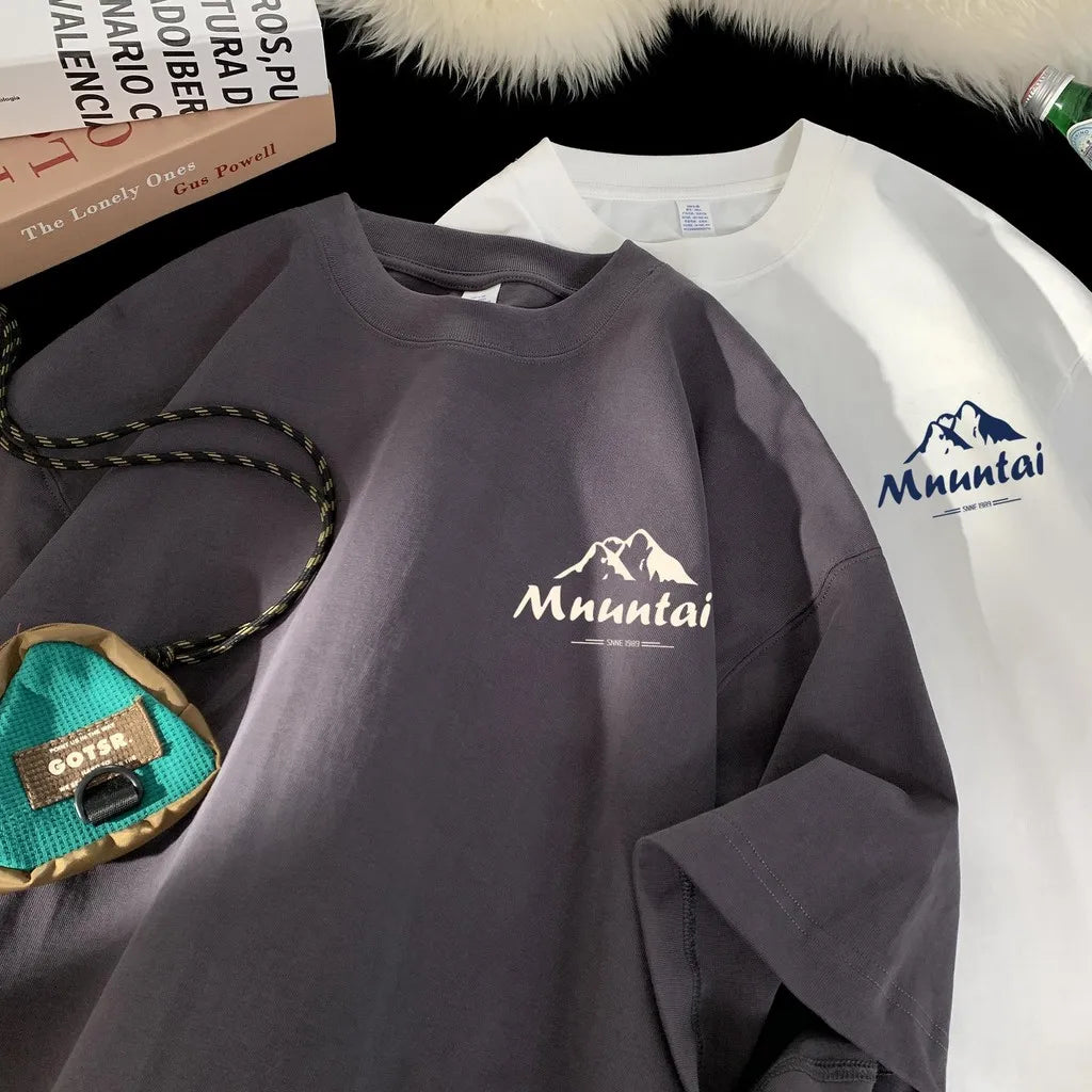 T-Shirts Pullover Oversize Tshirt Hong Kong Style Mountain Peak Letters Print T-shirts Oversized Half Sleeves Youth Tees