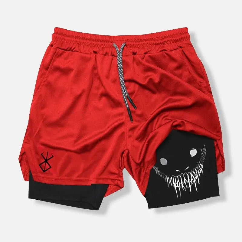 Shorts Deportivos de Verano para Hombre – Fitness, Gym y Jogging, 2 en 1, Estampado Demonio, Secado Rápido y Outdoor Sports