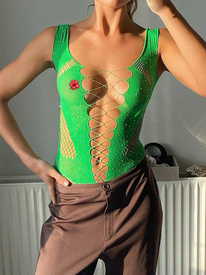 Body Mujer 2025 | Lencería Sexy de Malla Brillante con Rhinestones y Manga Larga