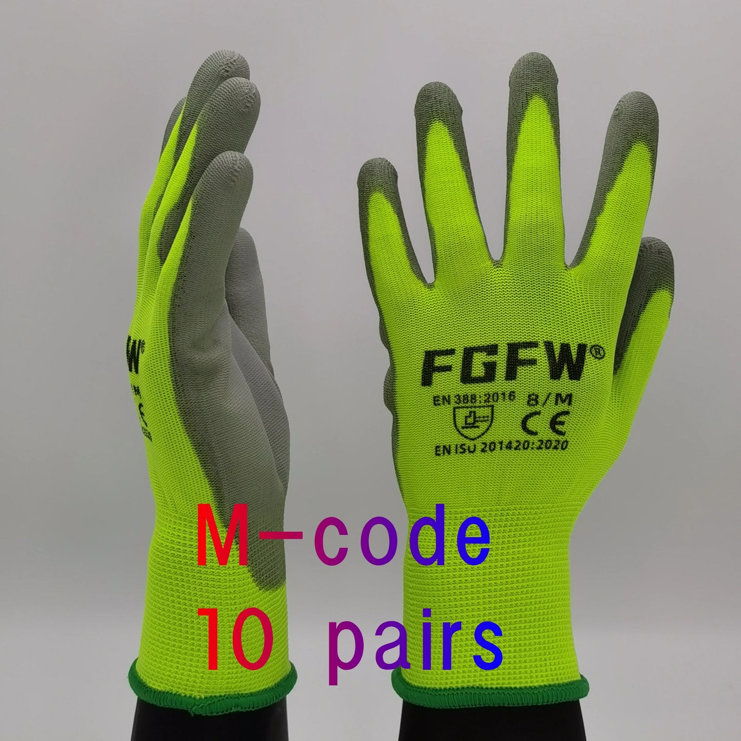 10 Pares Guantes de Trabajo PU 🧤 Antideslizantes, Resistentes y Ligeros – Guantes de Seguridad Certificados EN 388/ISO20471 (Tallas S/M/L/XL)
