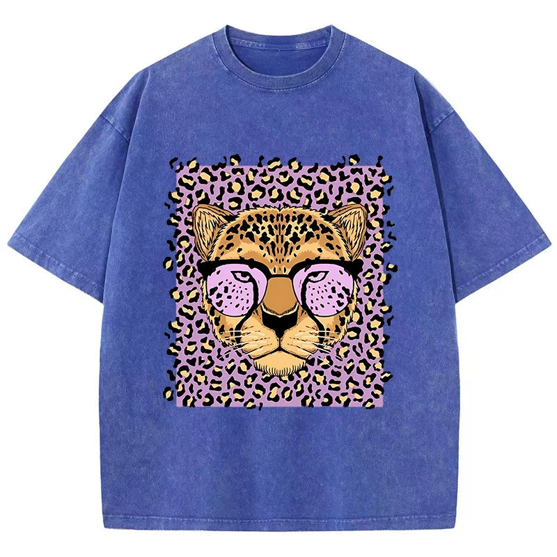 Camiseta Oversize Mujer Vintage | Algodón Lavado Ácido Estampado Leopardo Caricaturas