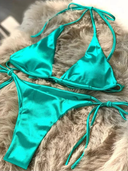 Bikini Brasileño Halter Mujer | Satinado Metálico Push Up 2 Piezas