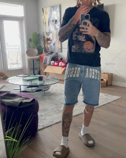 Shorts Oversize American Street Harajuku – Denim Retro con Bordado de Letras, Jeans Sueltos y Casual para Hombre y Mujer Y2K