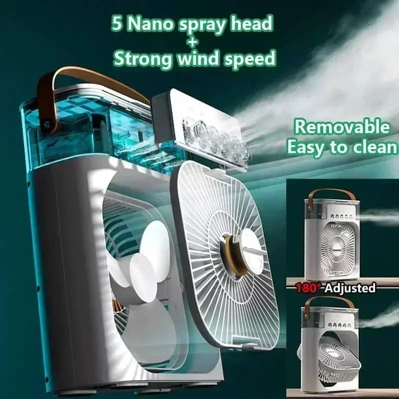 3 en 1 Mini Aire Acondicionado Portátil ❄️ Ventilador + Humidificador + Luz Nocturna | Enfriador de Escritorio USB Recargable