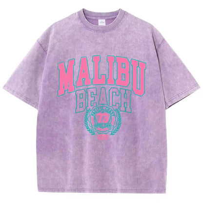 Camiseta Oversize Malibu Beach | T-Shirt Algodón Estampado Letras Estilo Lavado