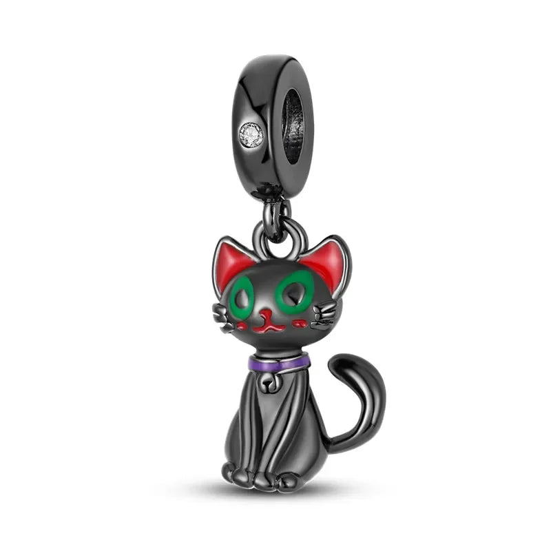 Charm gato negro de plata 925 con huella – Colgante animal para pulsera tipo Pandora, joyería DIY elegante para mujer