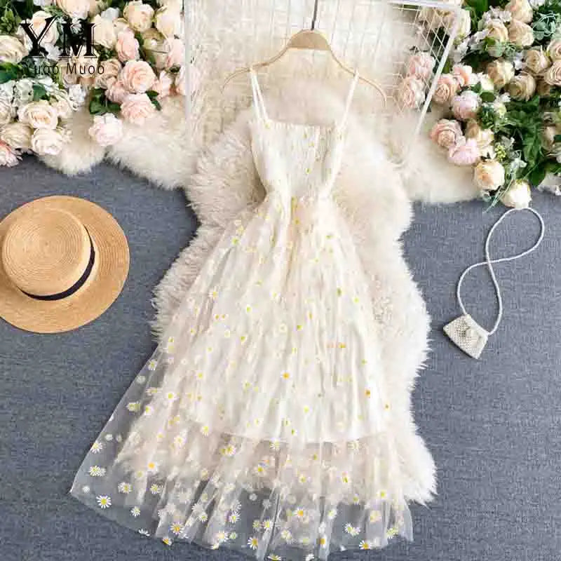 Vestido Verano Mujer Estilo Coreano | Vestido Midi Doble Capa con Tirantes y Estampado de Margaritas