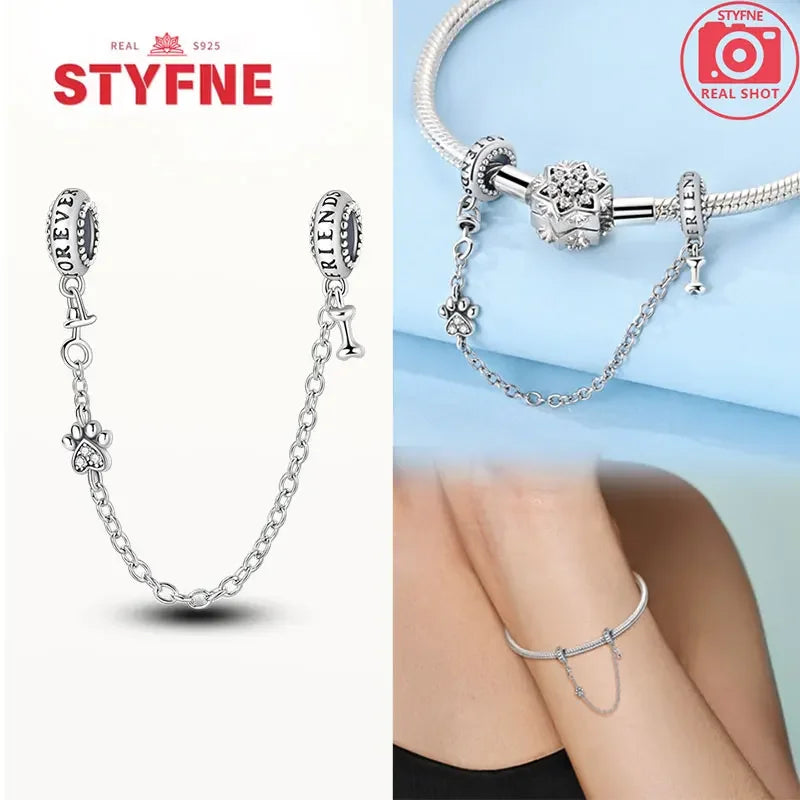 Charm Gato con Corazón de Plata 925 | Cadena de Seguridad para Pulseras Pandora Mujer