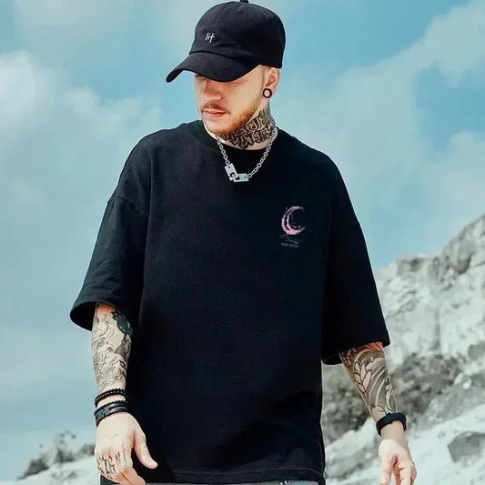 Camiseta Oversize 8XL para Hombre – T-shirt Vintage Americana con Estampado de Media Luna Rosa, Manga Corta, Versátil Unisex