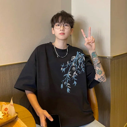 Camiseta Oversize de Algodón para Hombre | Estampado Bambú, Casual de Verano hasta 5XL