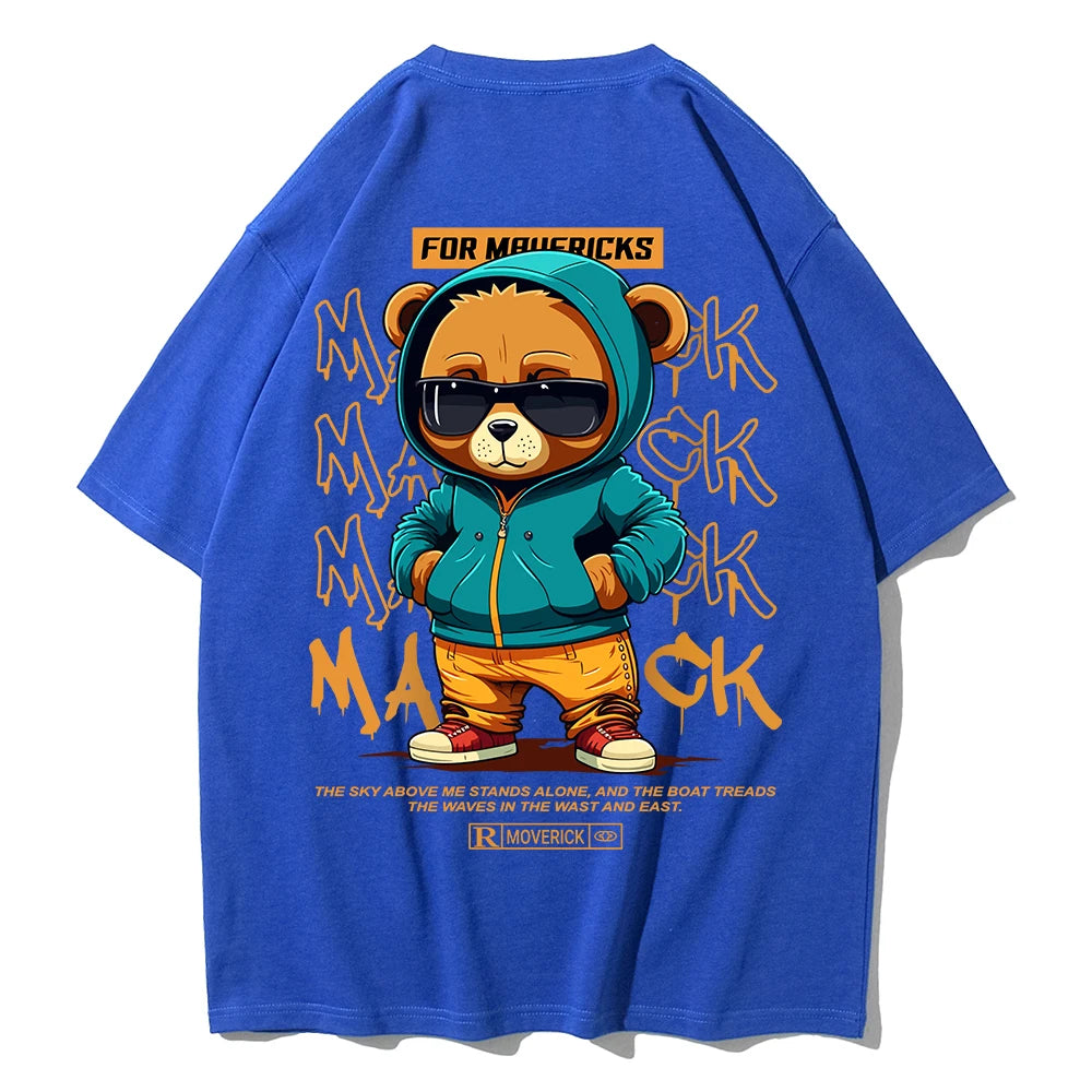Camiseta de Algodón con Estampado de Oso – T-shirt Redonda Oversize Unisex Suelta, Transpirable y Casual