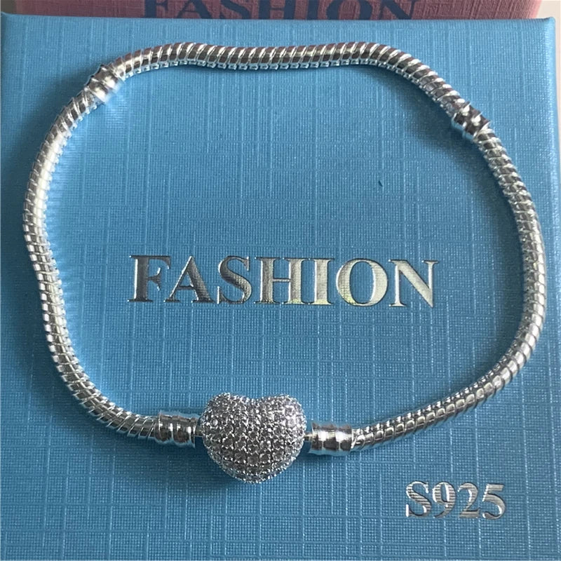 Pulsera corazón plata con circonias – Brazalete brillante de amor para mujer, joyería elegante compatible con charms