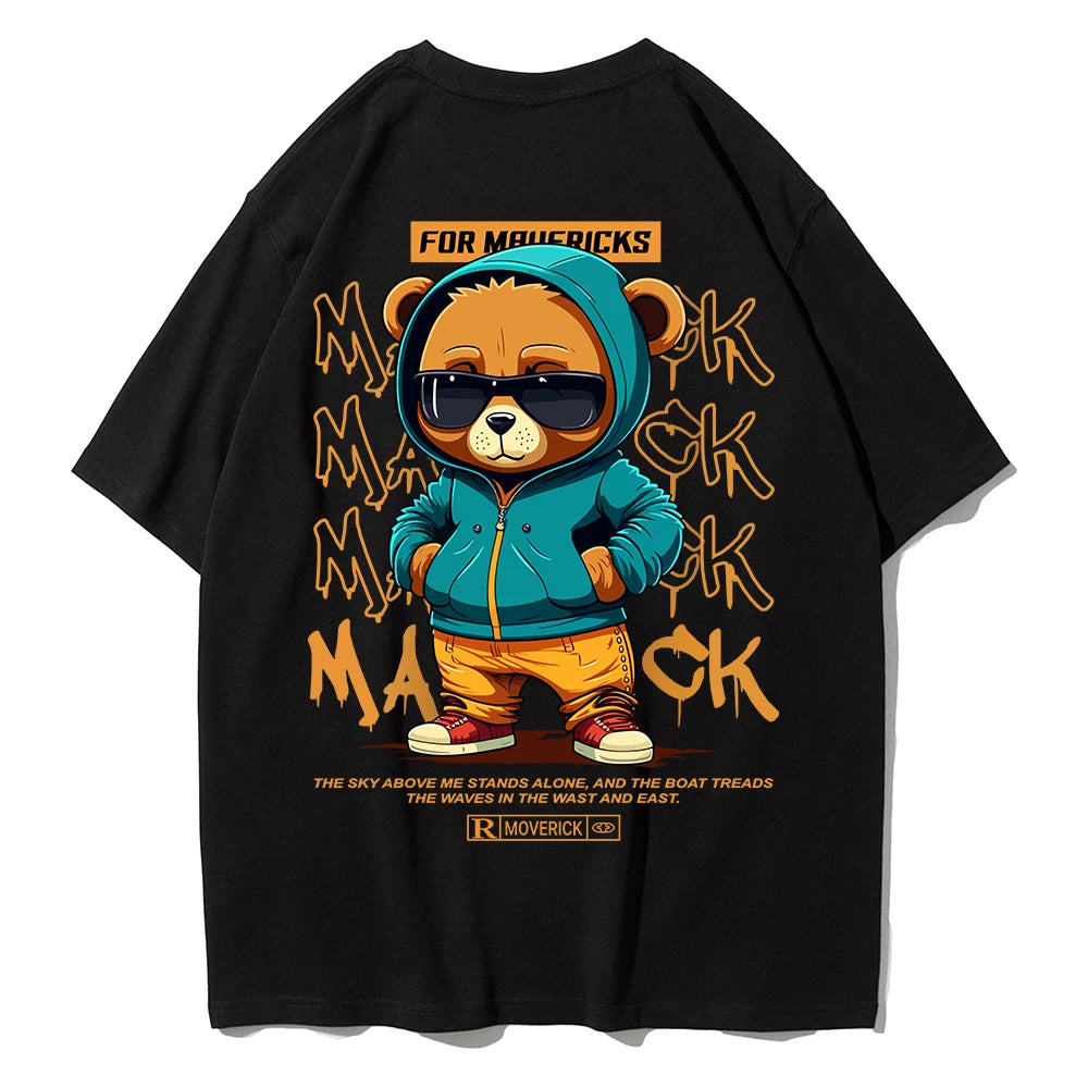 Camiseta de Algodón con Estampado de Oso – T-shirt Redonda Oversize Unisex Suelta, Transpirable y Casual