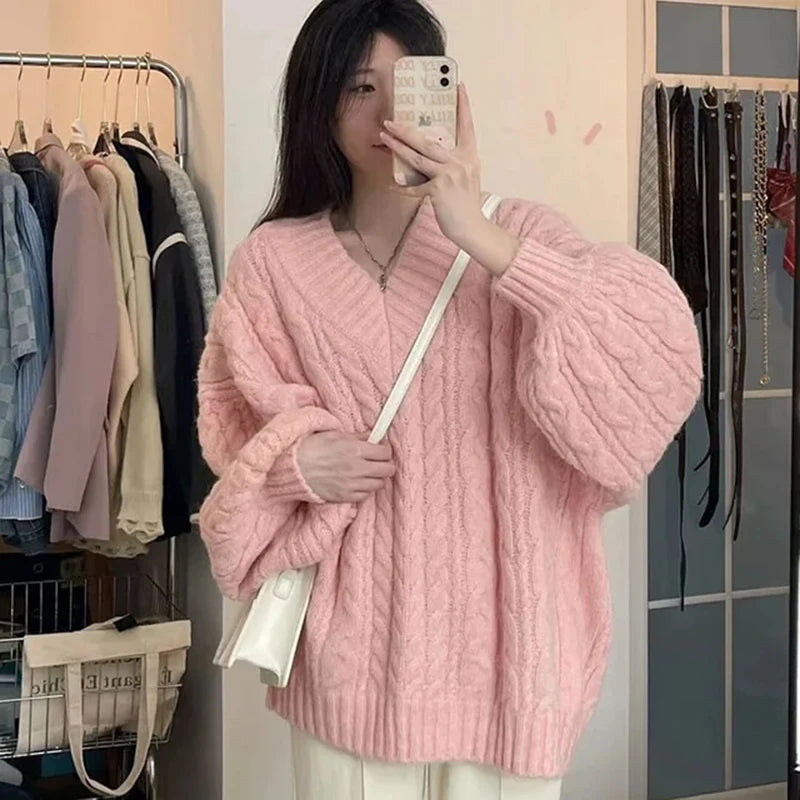 Suéter Oversize Mujer Tejido | Jersey de Punto V-Cuello Harajuku Coreano Otoño Invierno