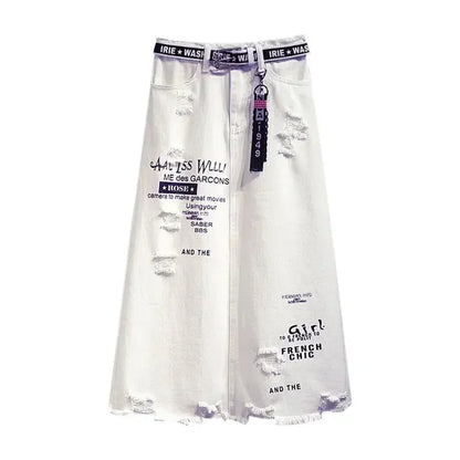 Falda Larga Mujer Denim Blanca | Estilo Coreano Oversize con Estampado Letras